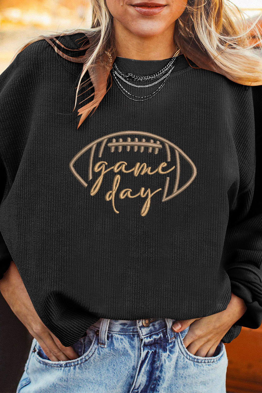 Orange Rugby Game Day Embroidered Corduroy Sweatshirt