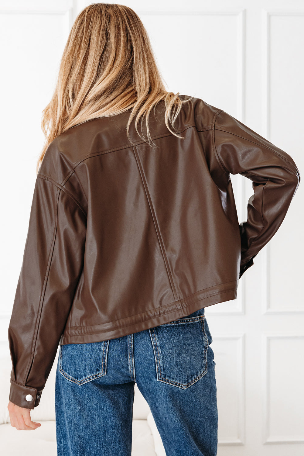 Chicory Coffee Double Flap Pocket Drawstring Hem Faux Leather Jacket