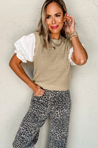 Light French Beige Round Neck Knit Contrast Short Sleeve Patchwork Sweater Top