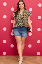 Khaki Plus Size Leopard Print Stitch Detail Ruffled Short Sleeve Blouse