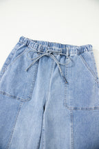 Beau Blue Drawstring Seam Detail Raw Hem Wide Leg Denim Pants