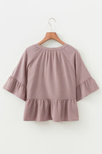Sepia Rose Slit V Neck Ruffled Loose Blouse