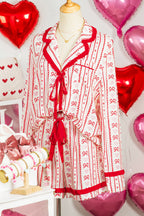 Red Sweet Floral Heart Bow Print Contrast Trim Long Sleeve Shirt Pyjama Short Set