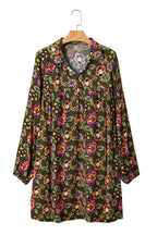 Green Floral Print Split Neck Bubble Sleeve Shift Mini Dress