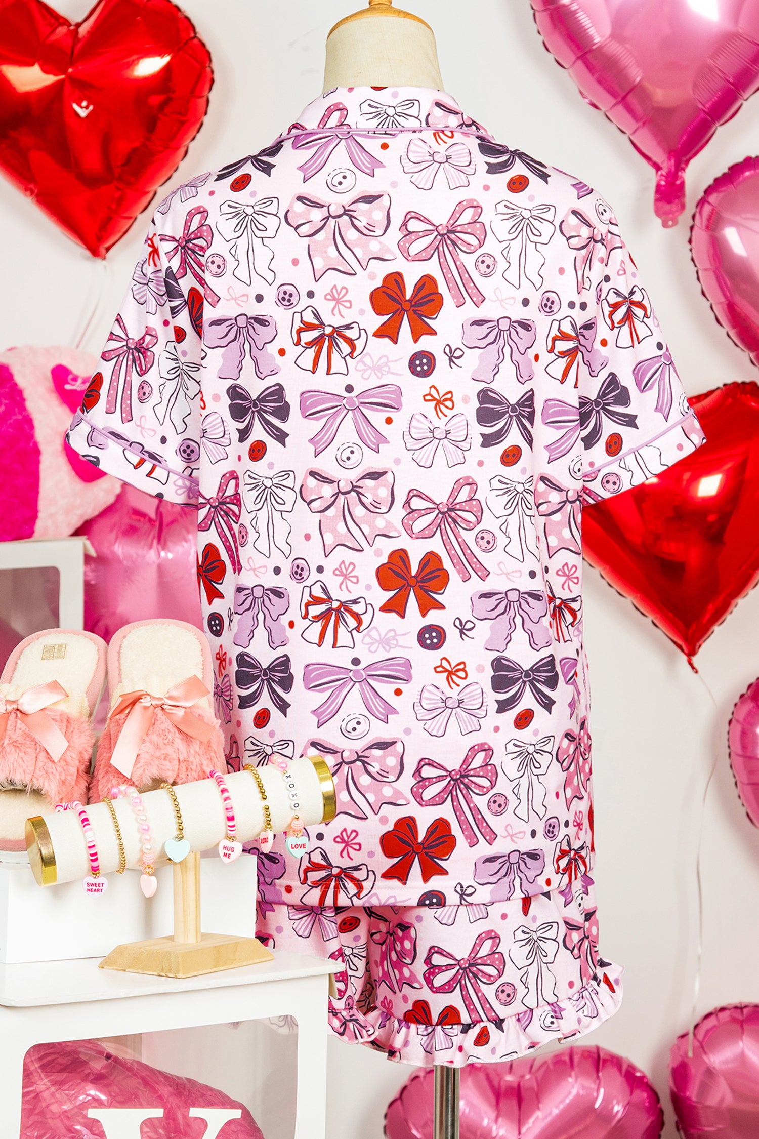 Pink Cute Ribbon Bows Printed 2pcs Short Pyjama Set