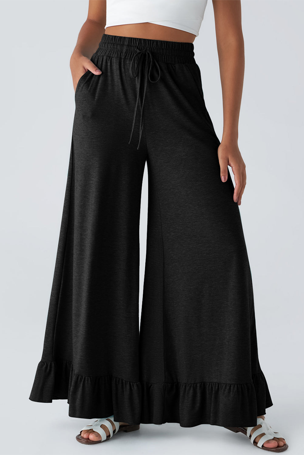 Medium Grey Ruffled Wide Leg Pull On High Waist Pants with Pockets