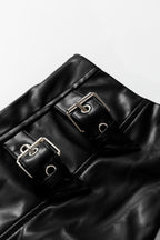 Black Faux Leather Retro Buckle Detail Pleated Stitch Flared Midi Skirt