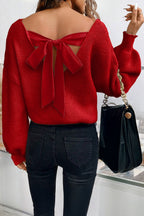 Lantern Sleeve V Neck Knot Back Sweater