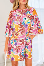 Pink Floral Print Lace Trimmed Tie Back Bell Sleeve Swing Mini Dress