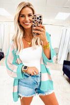 Iceland Blue Colorblock Knit Open Front Short Casual Cardigan