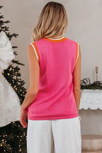 Bright Pink Contrast Trim Pearl Detail Sweater Tank Top