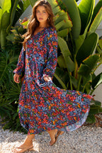 Blue Floral Print Tassel Tie V Neck Long Sleeve Flowy Long Dress