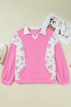 Pink Plus Size Contrast Polo Collar Floral Patchwork Elastic Cuffs Long Sleeve Top