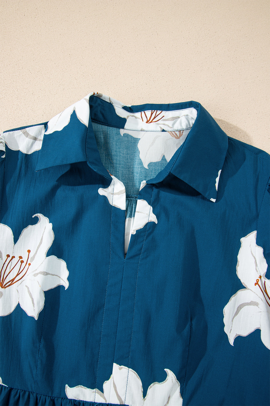 Blue Floral Print Shirt Collar V Neck 3/4 Sleeve Shift Midi Dress