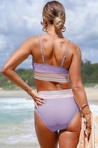 Striped Patchwork Spaghetti Strap High Waist Bikini Swimsuit