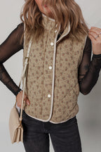 Khaki Floral Print Quilted Concealed Button Vest