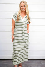 Green Stripe Collared V Neck Short Sleeve T Shirt Midi Dress with Pockets