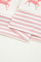 Pink Bow Christmas Tree Print Contrast Striped Banding 2pcs Lounge Set