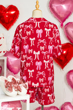 Red Sweet Bow Print Ruffled Short Sleeve Shirt Shorts 2pcs Pyjama Set