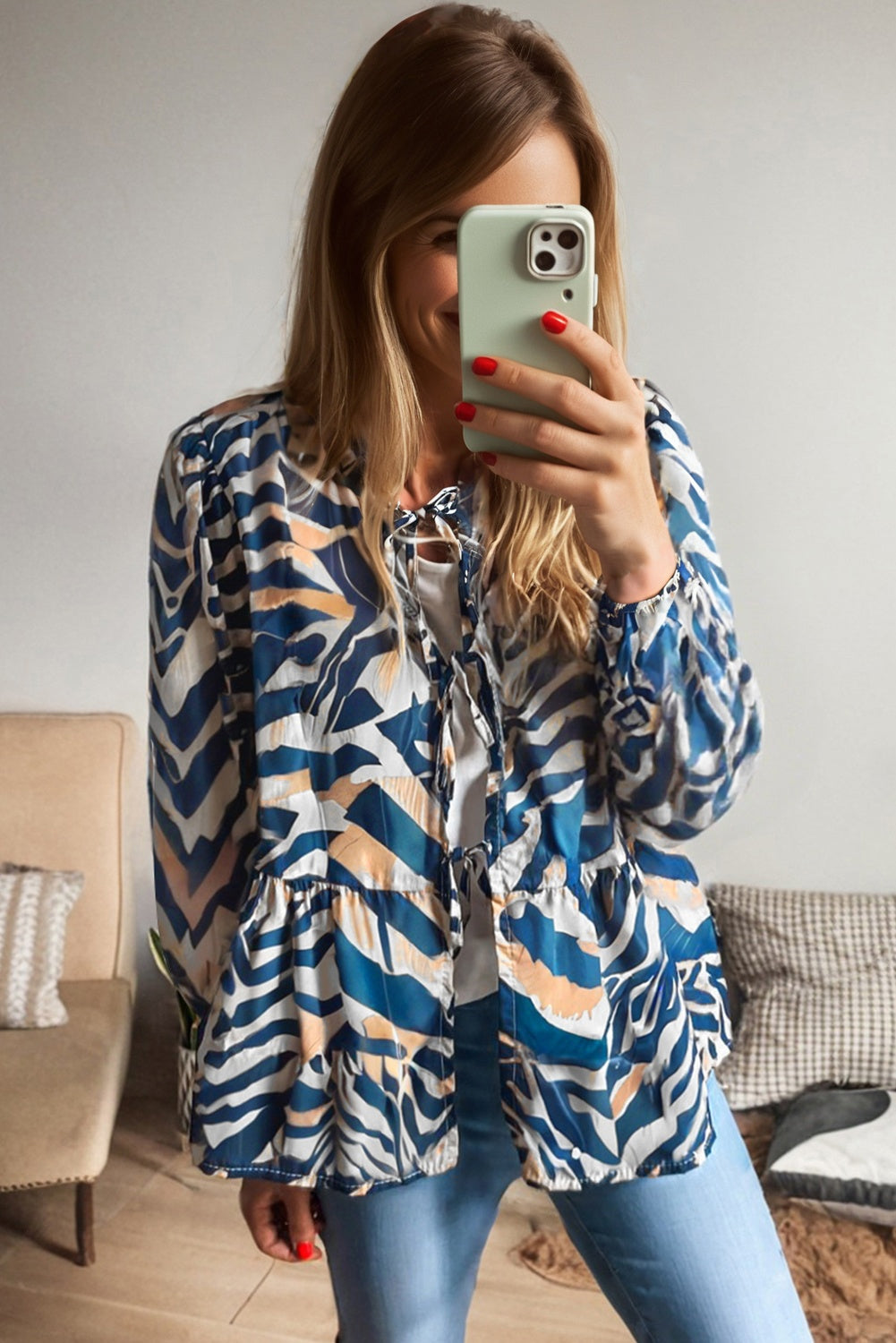 Blue Zebra Print Tied Front Puff Sleeve Top