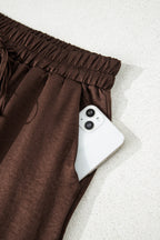 Dark Brown Braided V Neck Long Sleeve Loose Top and Drawstring High Waist Pants 2pcs Outfit