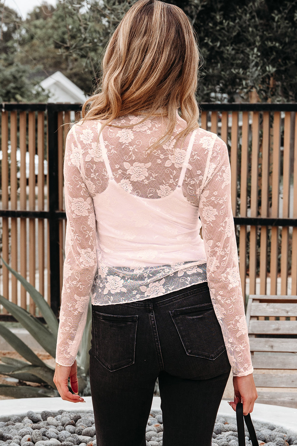Sheer Floral Lace Mesh Mock Neck Long Sleeve Top