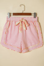Light Pink Floral Trim Ribbon Knot Striped Casual Shorts