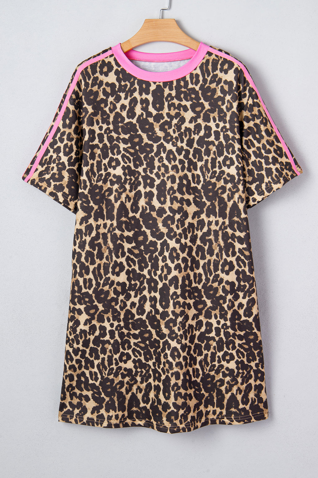Apricot Leopard Print Contrast Varsity Striped Detail Loose T Shirt Dress