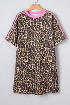 Apricot Leopard Print Contrast Varsity Striped Detail Loose T Shirt Dress