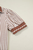 Khaki Stripe Collared Split Neck Short Bubble Sleeve Blouse