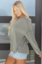 Twist Ribbed Exposed Seam Detail Long Sleeve Loose Top