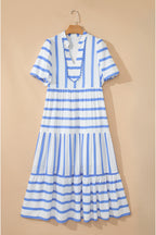 Sky Blue Stripe Ricrac Trim Notched Neck Half Sleeve Vacation Dress