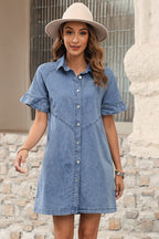 Black Frilled Short Sleeve Button Up Loose Denim Shirt Dress