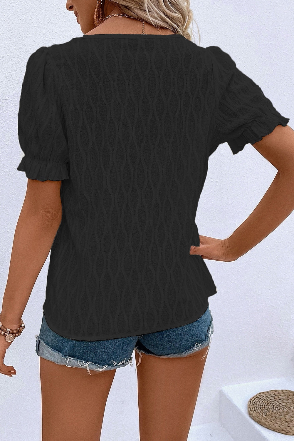 Solid Color Textured Notched Neck Puff Sleeve Blouse