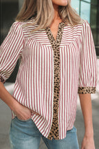 Leopard Trim V Neck Button Down Half Sleeve Shirt