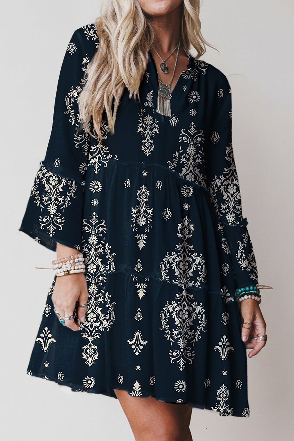 Boho Floral Print Lettuce Trim 3/4 Sleeve Mini Dress