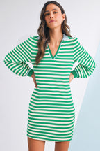 Green Striped Contrast Collar Split Neck Long Sleeve Mini Dress