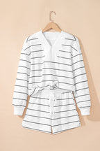 White Stripe Zip up Drop Shoulder Pullover and Shorts 2pcs Outfit