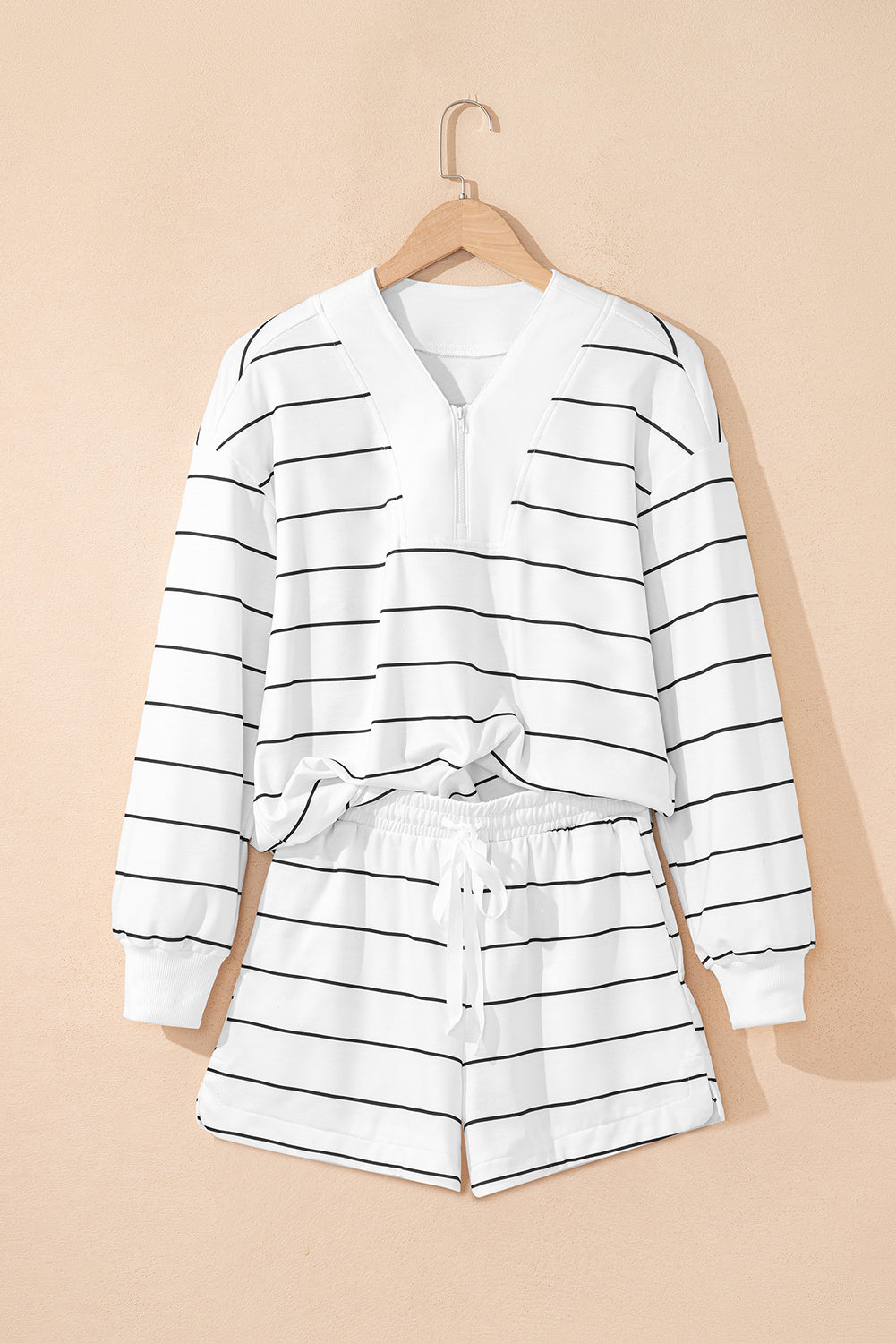 White Stripe Zip up Drop Shoulder Pullover and Shorts 2pcs Outfit