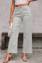 Leopard Frayed Edge Wide Leg High Waist Jeans