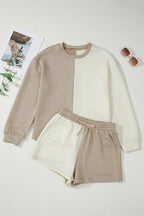 Khaki Color Block Patchwork Textured Long Sleeve Top 2pcs Short Set