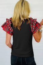 Plaid Pearl Ruffle Short Sleeve Loose T Shirt