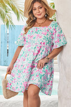 White Floral Print Ric-rac Trim Square Neck Plus Size Mini Dress