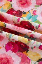 Pink Floral Frilled V Neck Puff Short Sleeve Blouse