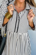 Black Stripe Scallop Trim Shirt Collar Half Button 3/4 Sleeve Long Dress