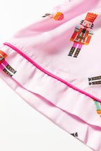 Pink Nutcracker Print Contrast Trim Tied up Bow Silky 2pcs Pajama Set