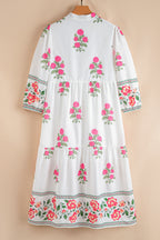 White Floral Print Half Button Mandarin Neck 3/4 Sleeve Maxi Dress