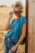 Light Blue Horse Shoe Embroidered Loose Short Sleeve Sweater