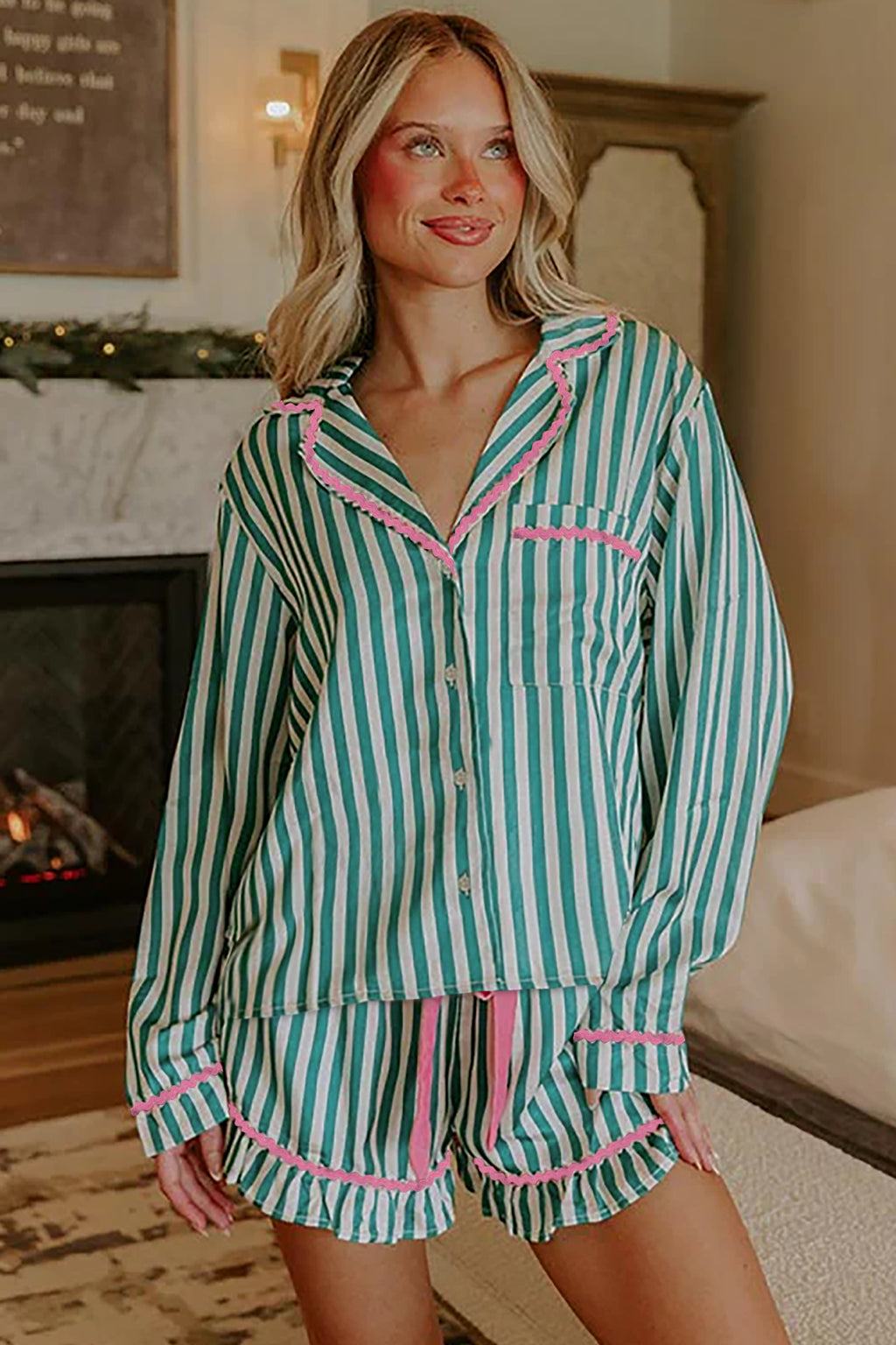 Green Stripe Contrast Ricrac Trim Long Sleeve Shirt Drawstring Ruffled Pyjama Short Set