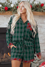 Plaid Contrast Patched Christmas Holiday Long Sleeve Shirt and Short 2pcs Pajama Set
